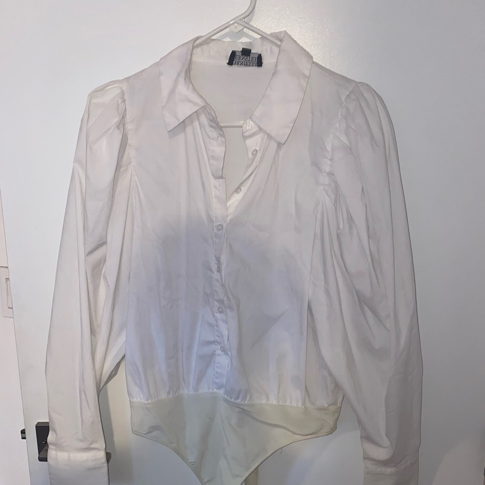 White puffed long sleeve body suit